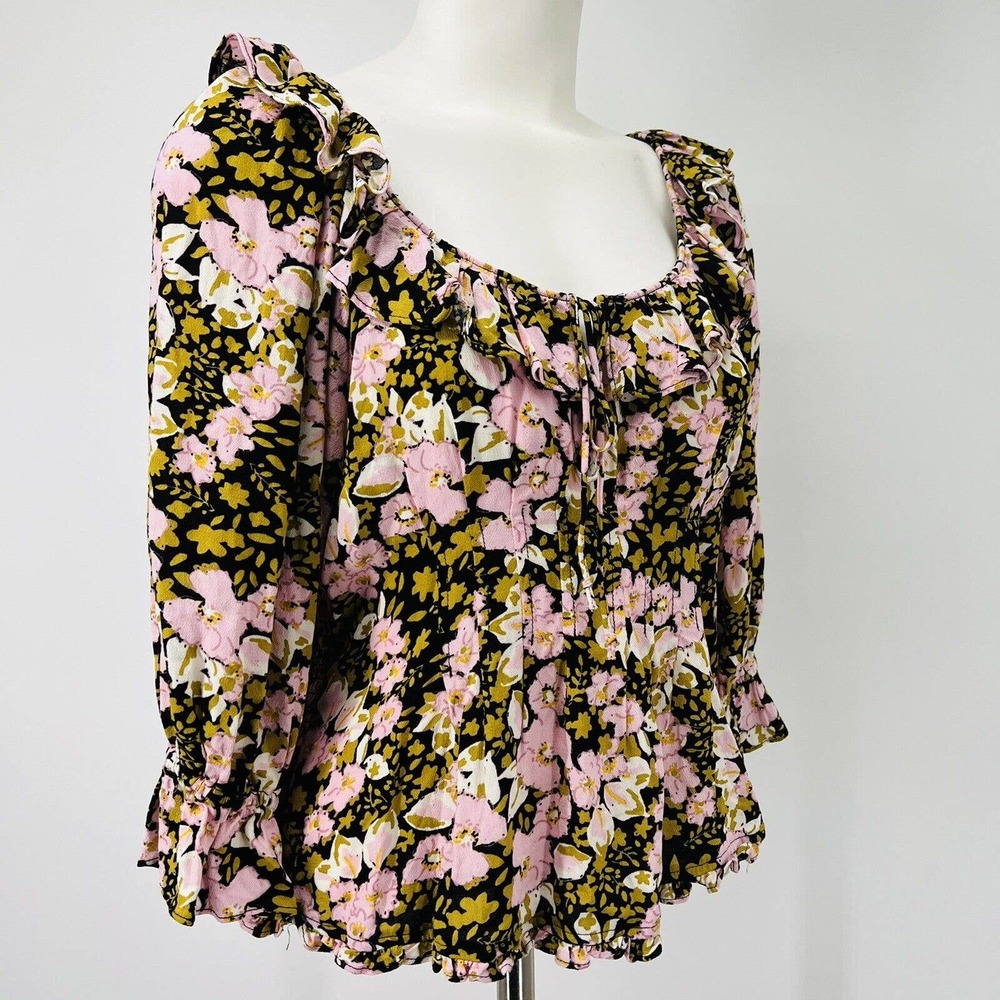 Free People Sweet Memories Black Multi Floral Print Ruffled Puff Sleeve Top - Picture 2 of 12